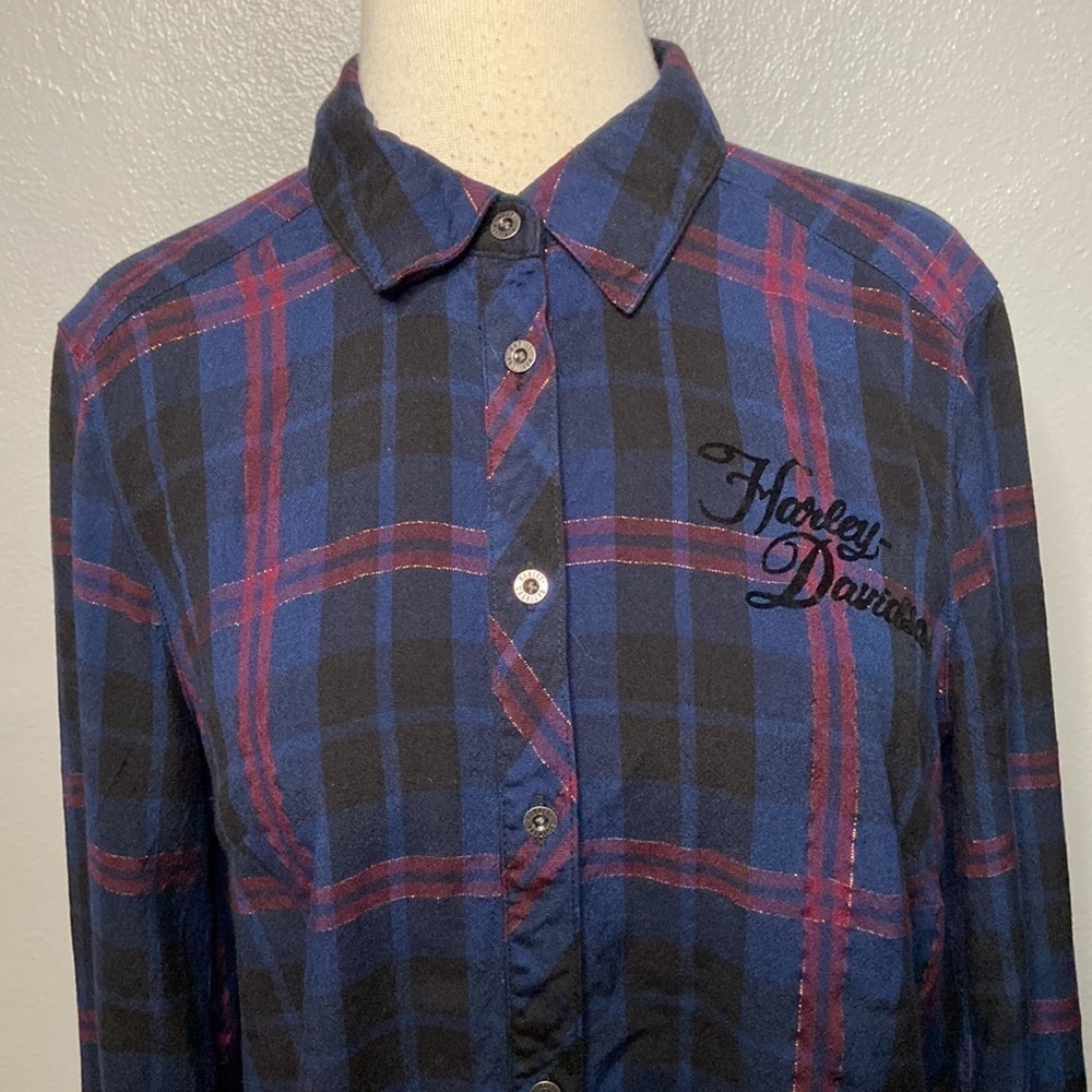 Harley Davidson Women’s Plaid Button Down Long Sleeve Shirt M Biker Spell Out